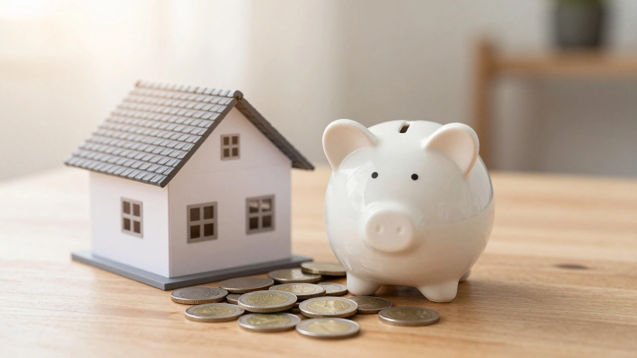 Coins in piggy bank next to roof model for contingency funds.