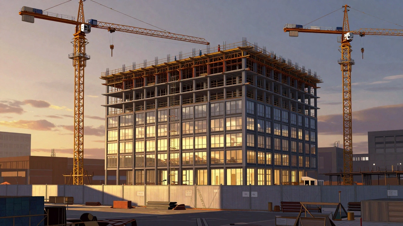 Construction site transitioning into a commercial office tower in Bermondsey under twilight sky with cranes and renderings.