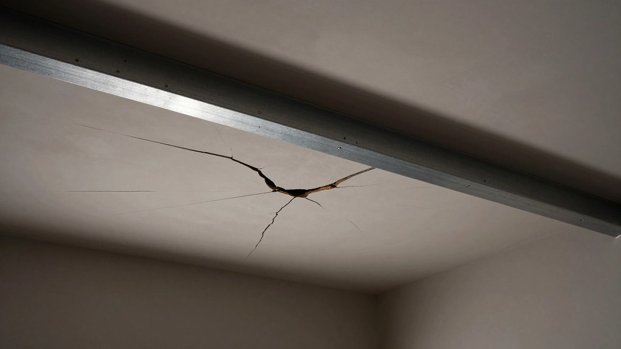 Cracked ceiling below a loft, contrasting poor versus proper structural reinforcement.