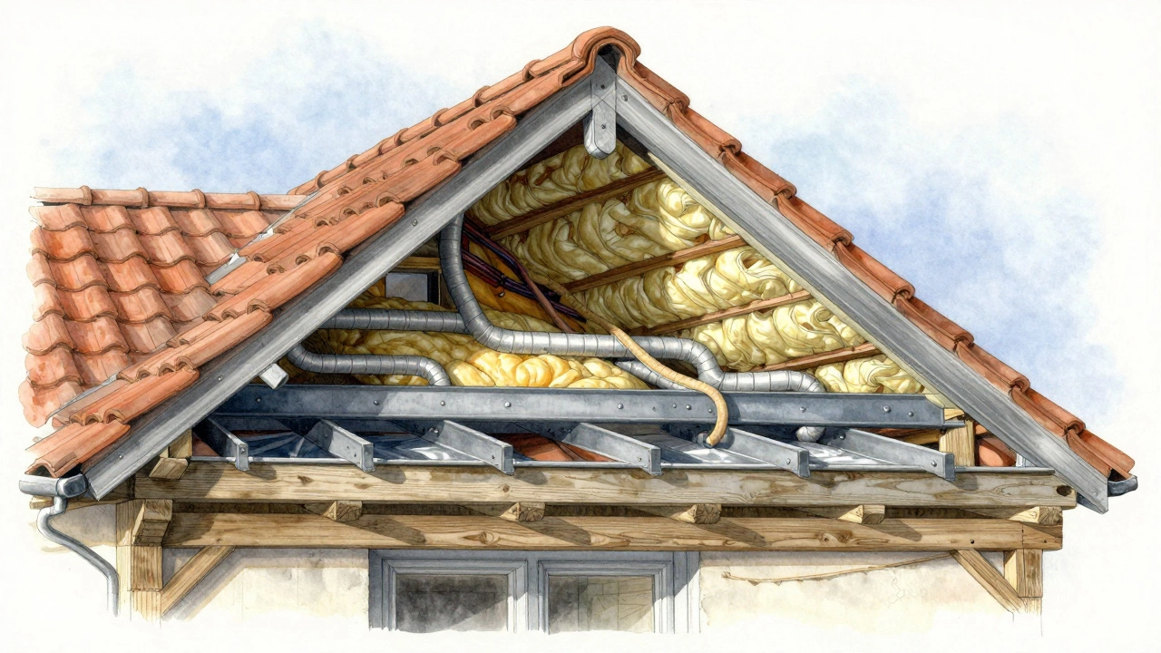 Cross-section of a home roof showing old joists, new steel beams, insulation, and waterproofing layers.