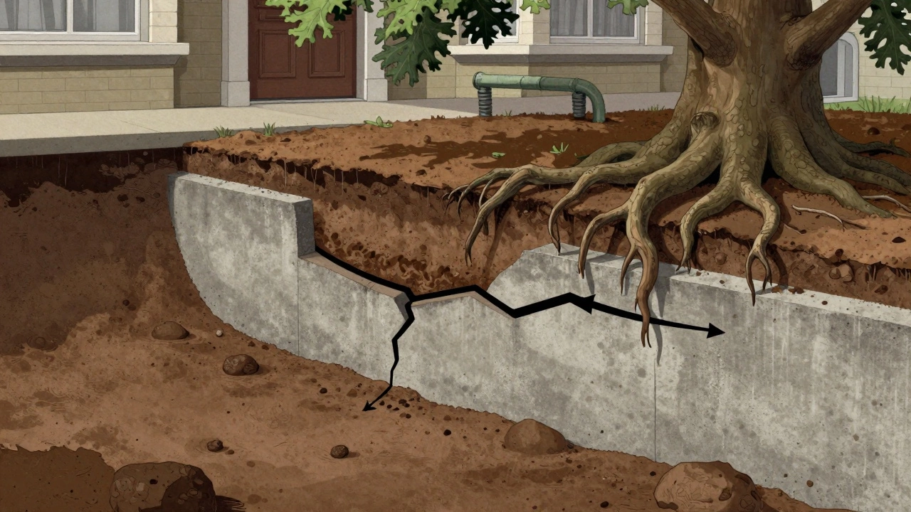 Cross-section of a London foundation with clay soil pressure pushing against a cracked wall and tree roots nearby.