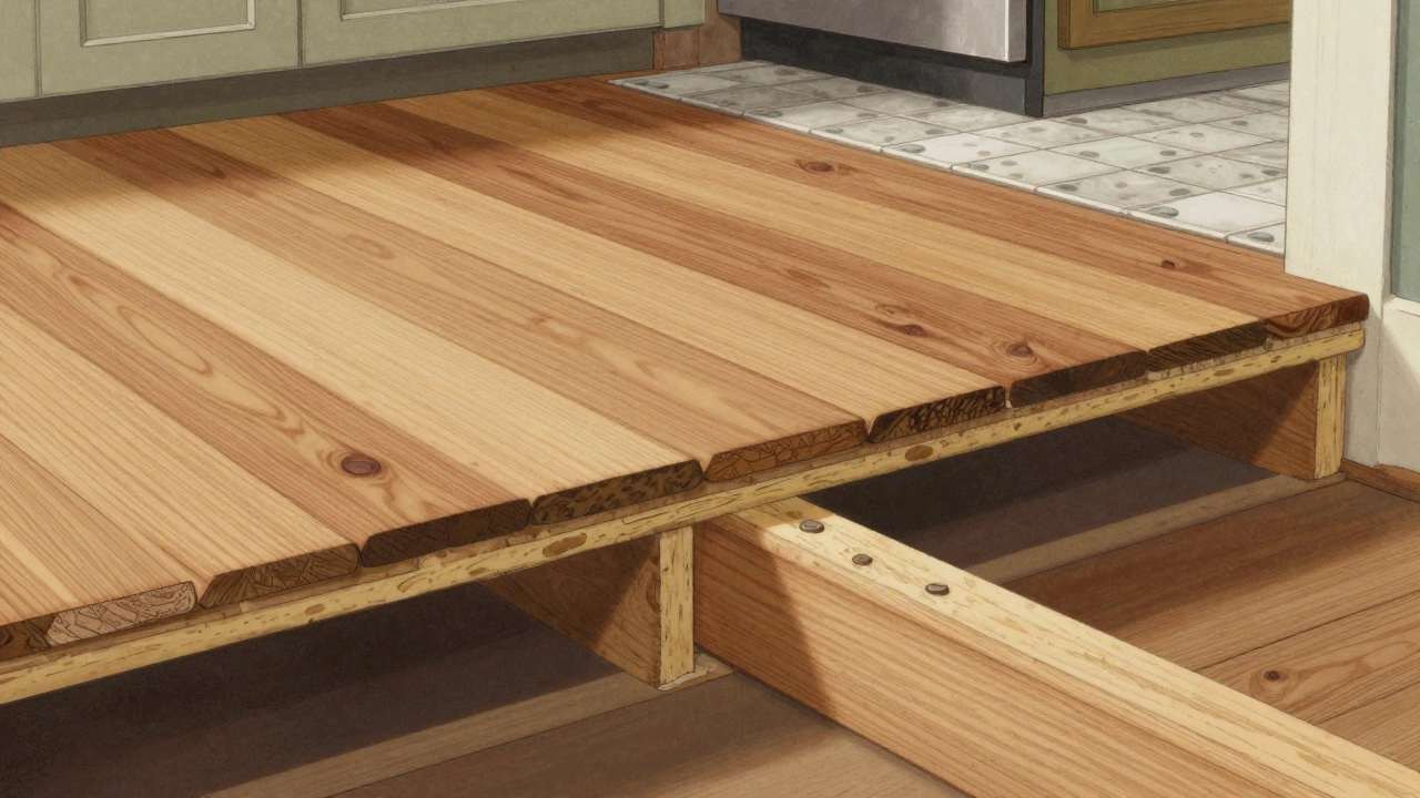 Cross-section of a properly prepared subfloor with engineered hardwood and porcelain tile installed above.