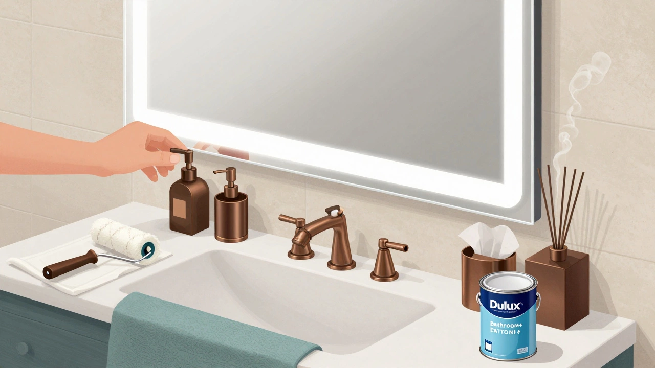 Hand installing LED strips around a frameless mirror, with matching bronze accessories and a reed diffuser on the counter.