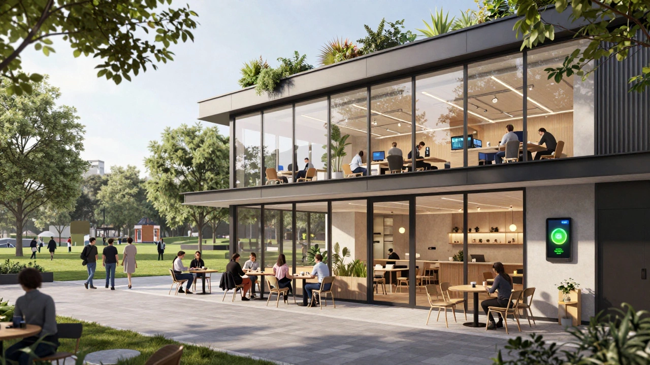 Hybrid commercial space with coffee shop, tech office, green roof, and smart lighting in London.