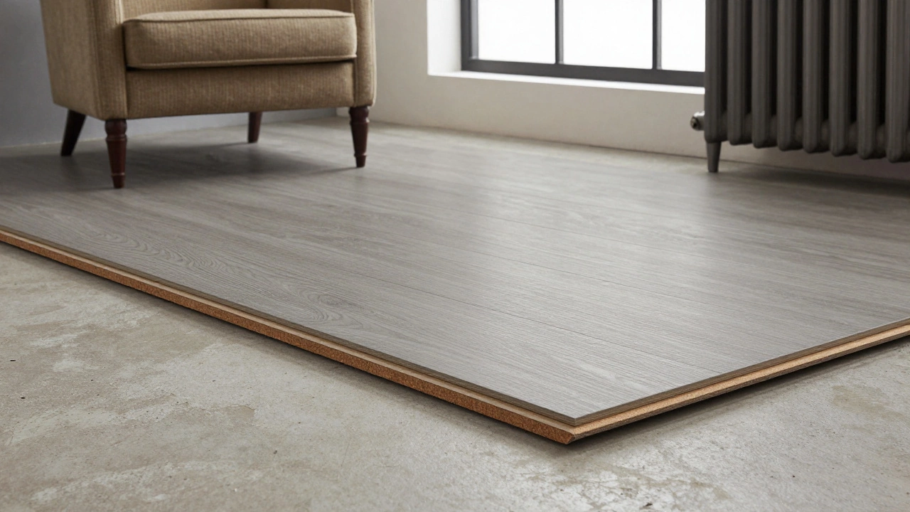 Luxury vinyl plank flooring floating over a concrete basement slab with cork underlayment in a vintage room.