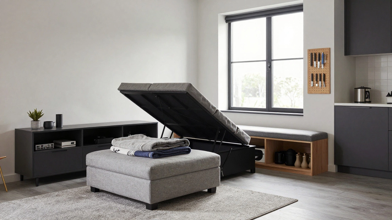 Multi-functional furniture in a loft living space with hidden storage in ottoman and console.