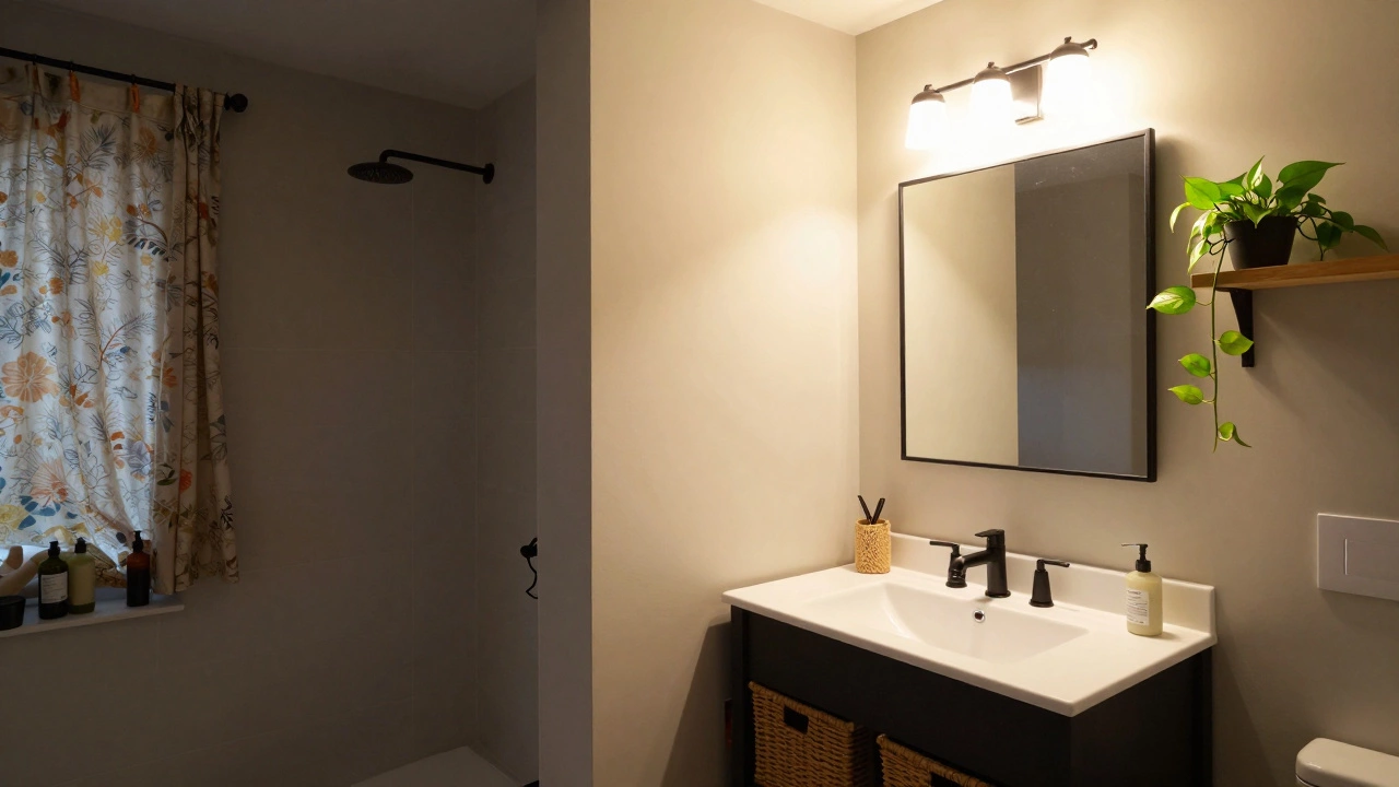 Split image: cluttered 90s bathroom on left, serene renovated space on right with cohesive fixtures and greenery.