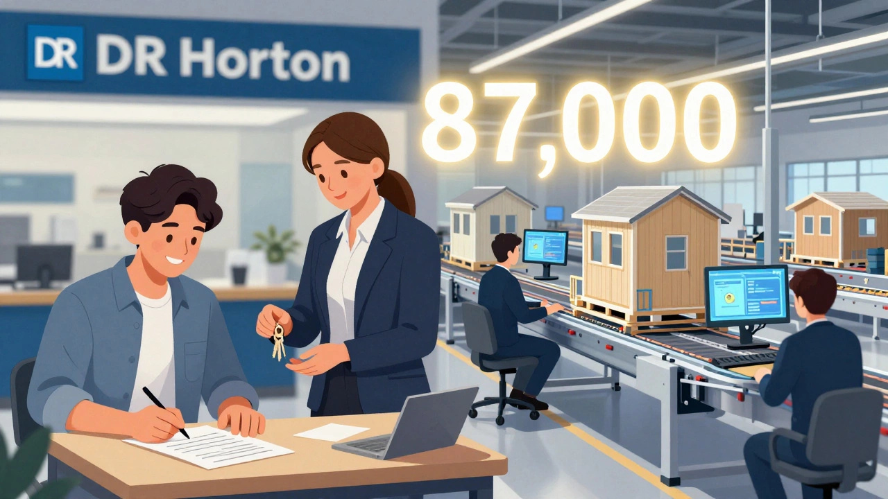 Split scene showing a first-time homebuyer receiving keys and modular home components being assembled in a factory.