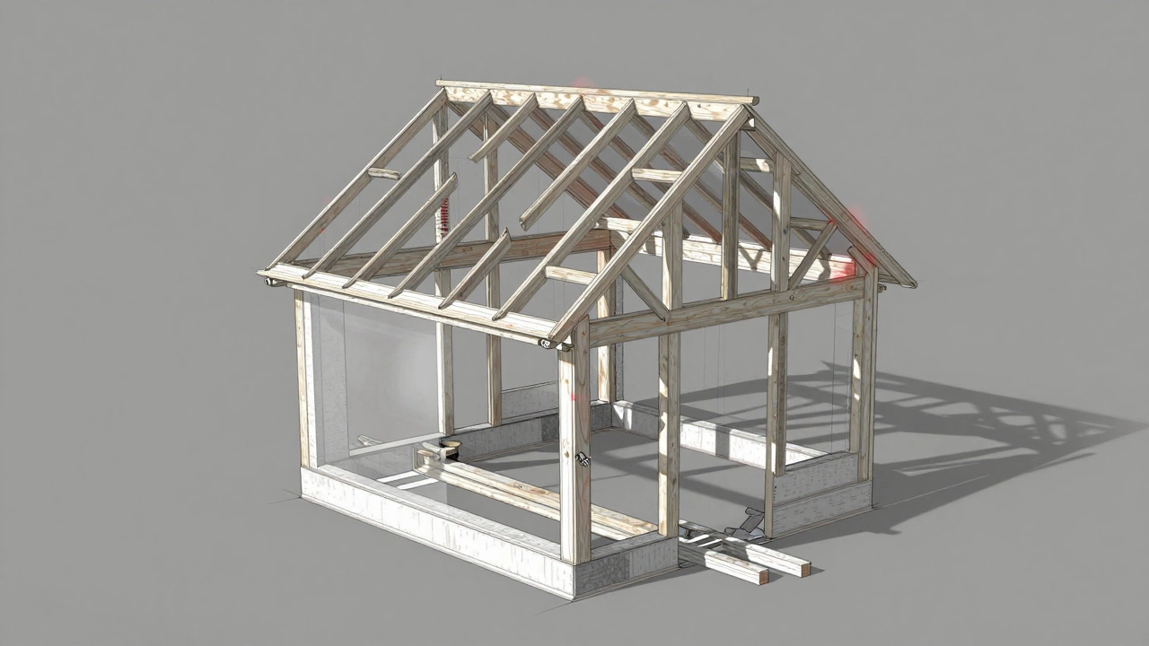 Technical illustration of a house's structural failure with damaged foundation, warped trusses, and missing beams.