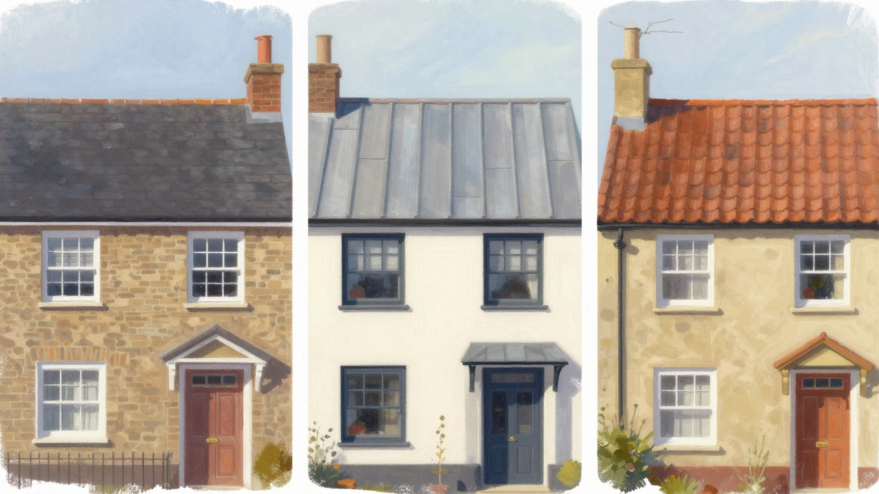 Three UK-style homes with asphalt, metal, and clay tile roofs.