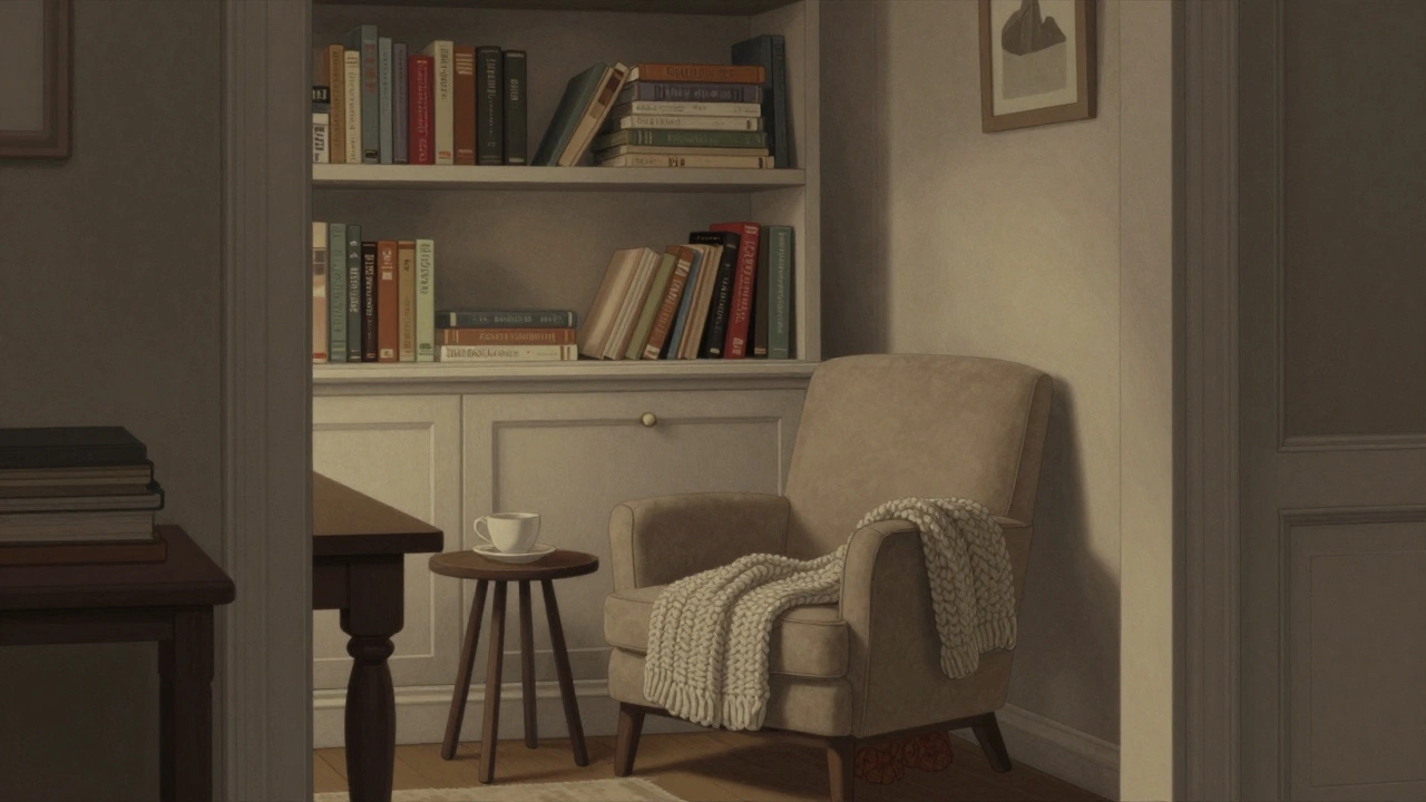 A former dining room turned into a quiet reading nook with books, lamp, and armchair.