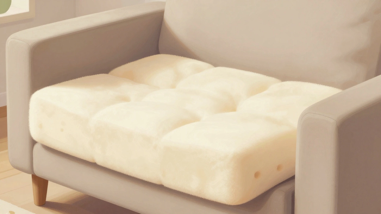 A hybrid sofa cushion with firm foam core and soft outer layer, ideal for daily comfort and support.