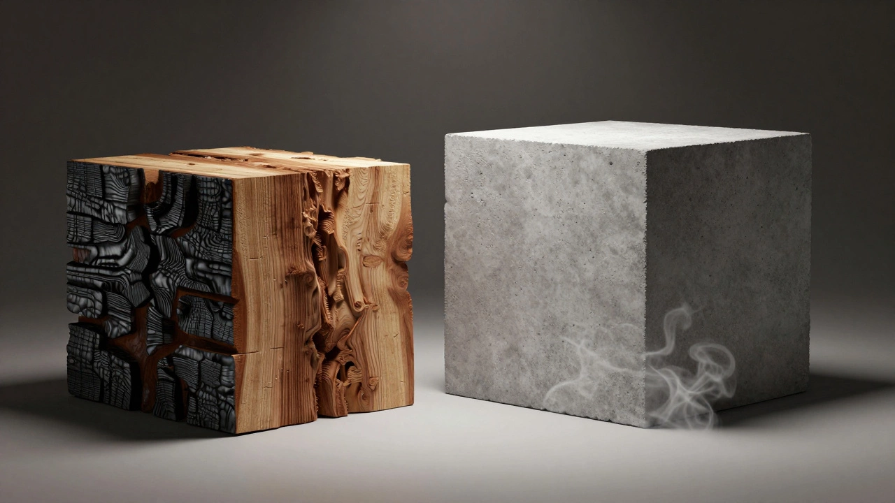 Charred timber block beside solid grey concrete under dramatic lighting.