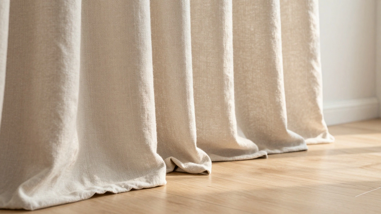 Close-up of curtain hem just above hardwood floor, soft fabric drape with no pooling or dust.