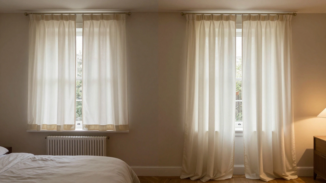 Comparison of short curtains vs. floor-length curtains in same UK bedroom, highlighting visual space difference.
