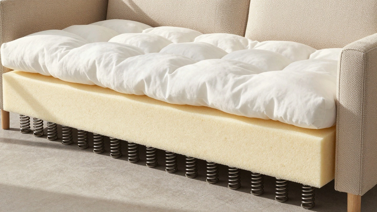 Cross-section of a hybrid cushion with steel springs, high-density foam, and down blend, highlighting layered durability.