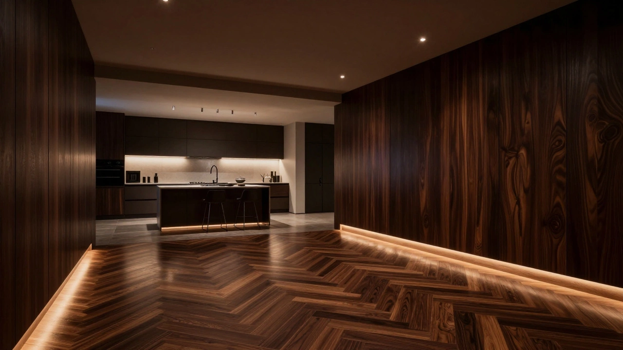Dark walnut herringbone wood floor extends through modern open plan living space.