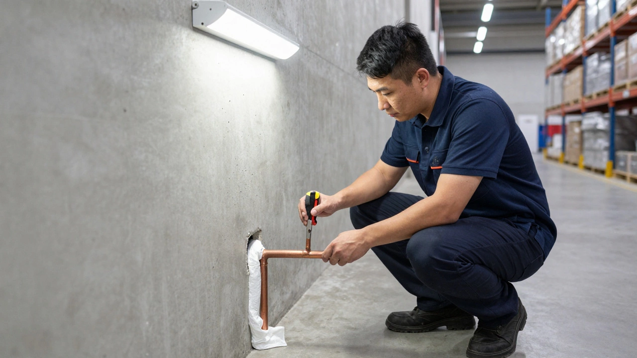 Facilities manager inspecting sealed wall penetration and fire-stop sealant.