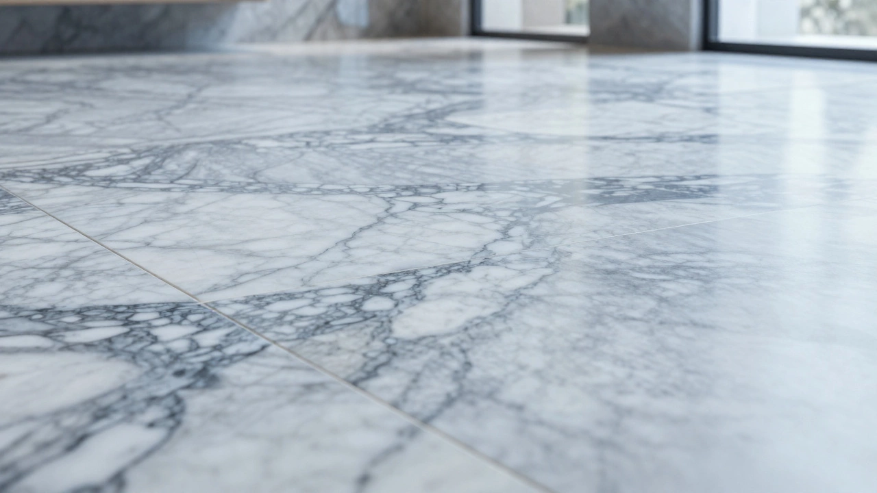 Glossy oversize marble slab flooring with intricate gray veining and minimal grout.