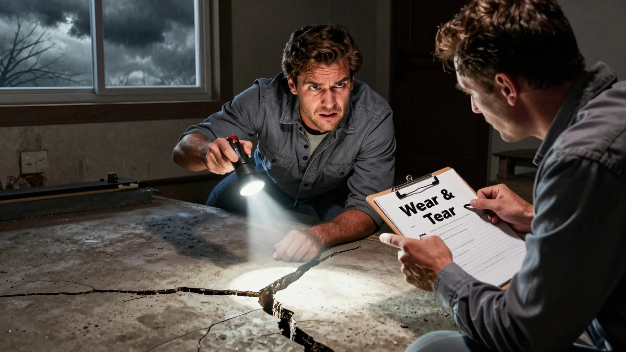 Homeowner and insurance adjuster arguing over foundation damage with stormy background.