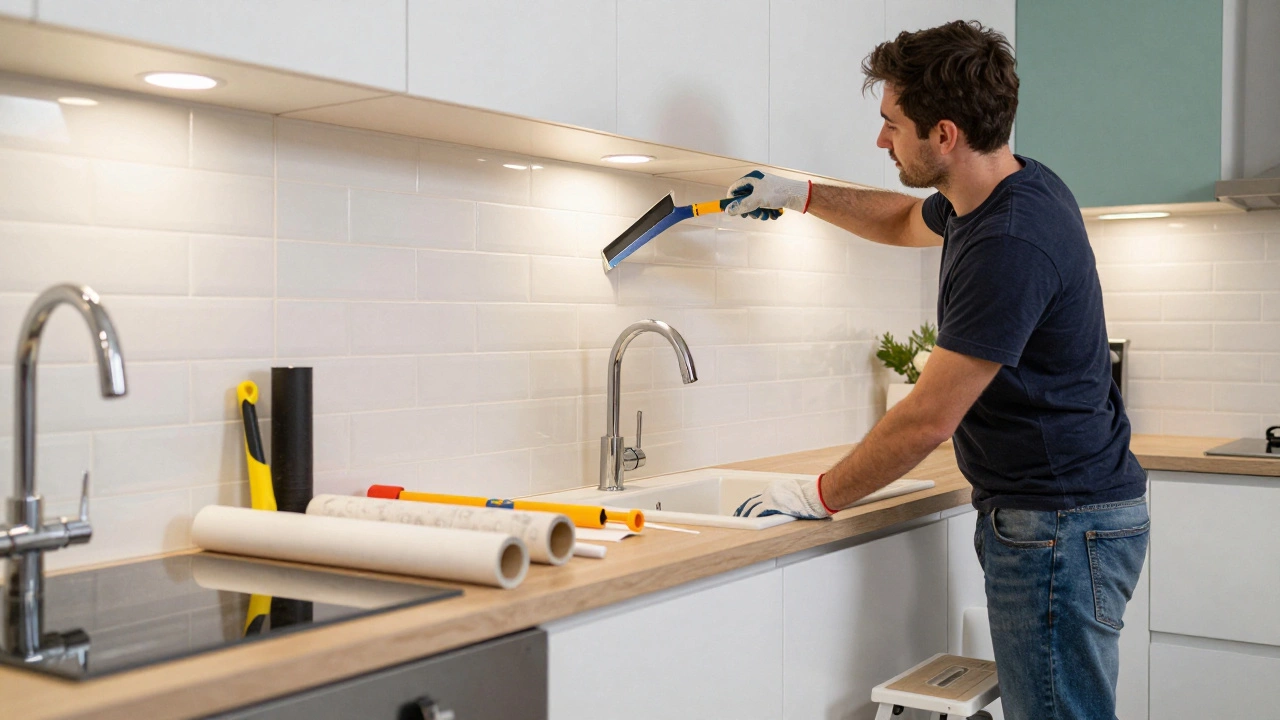 Homeowner installing peel-and-stick tiles in a kitchen, tools and supplies on counter nearby.
