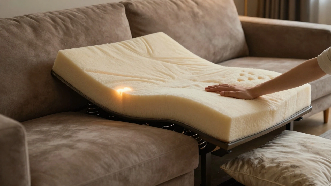 Luxury sofa cushion with spring-down hybrid support, showing firm resilience under light pressure.