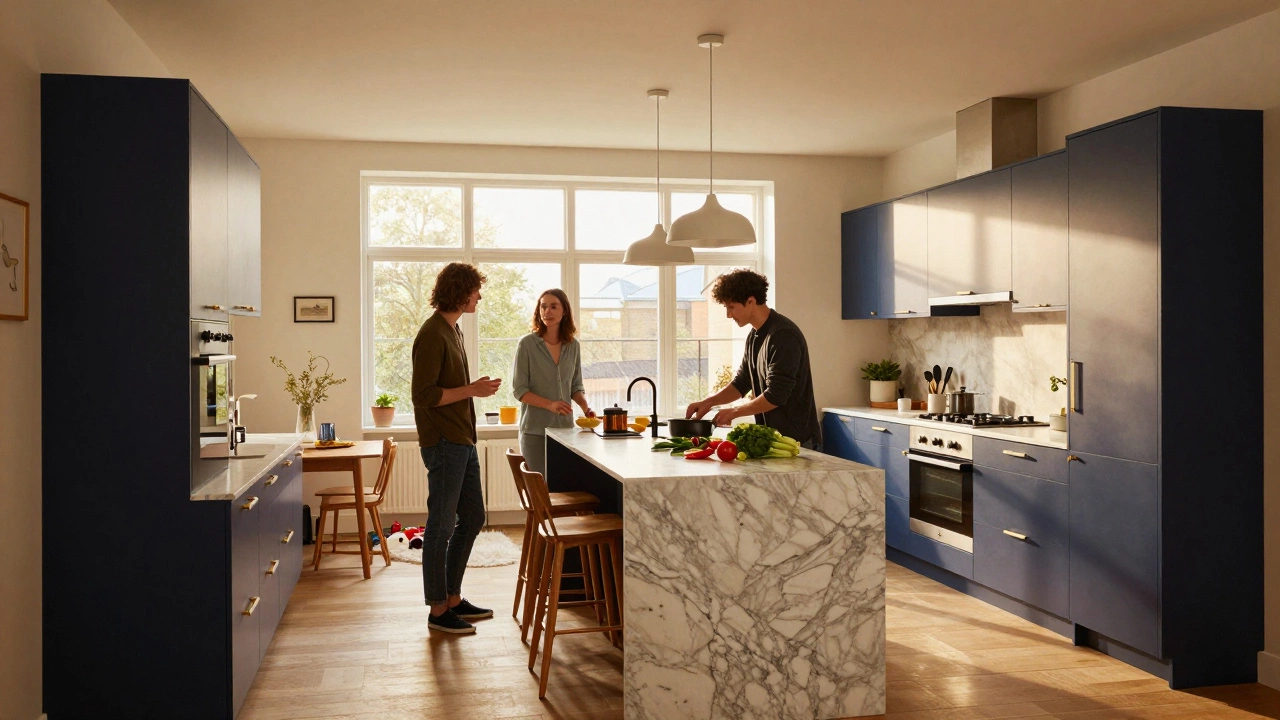 Modern L-shaped kitchen with family gathering around cooking area