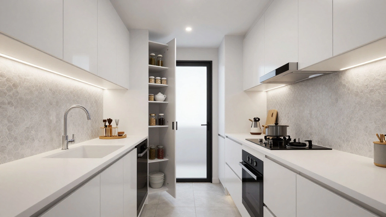 Narrow galley kitchen layout with parallel counters and storage