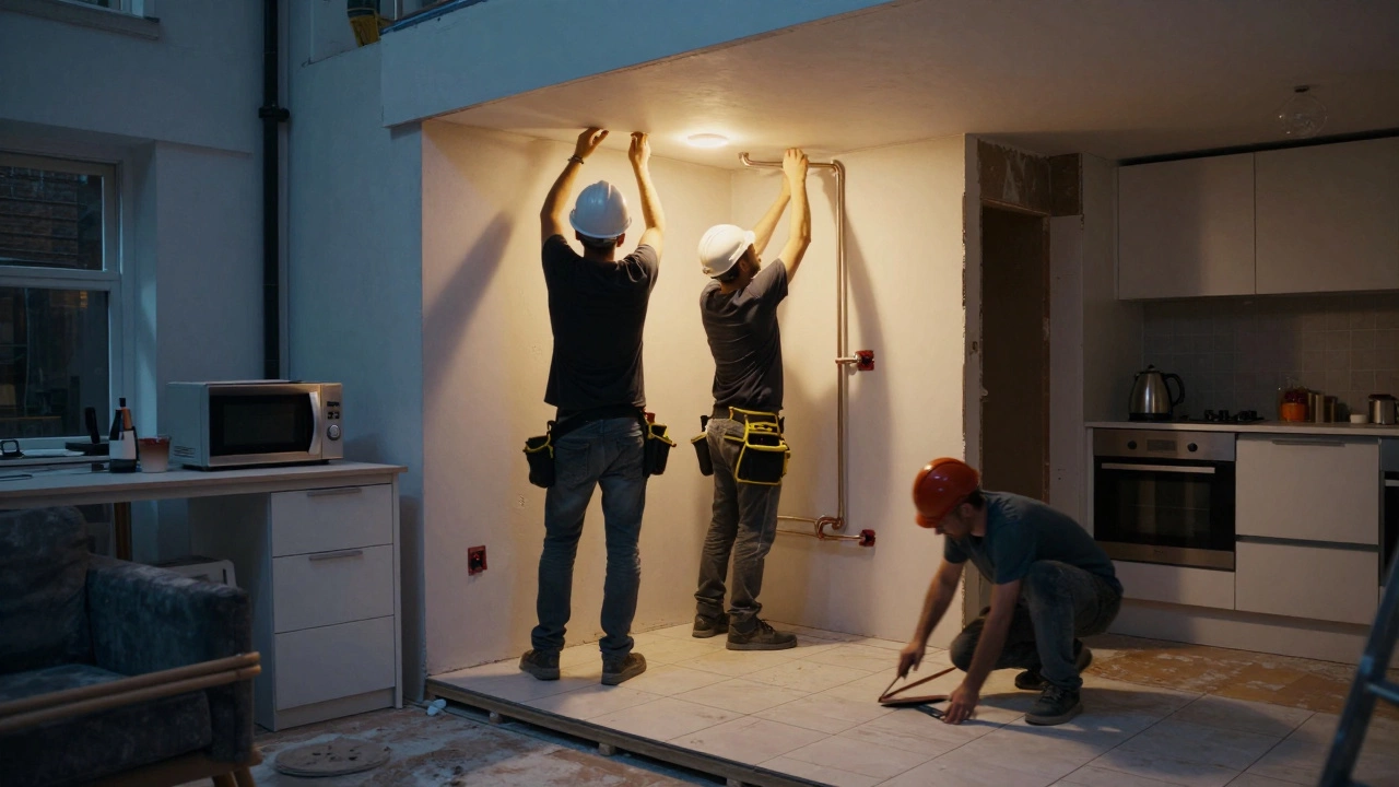 Skilled tradespeople working on plumbing, lighting, and flooring in a London kitchen renovation at dusk.