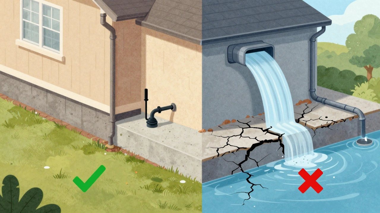 Split image showing well-maintained foundation vs. neglected one with water damage.