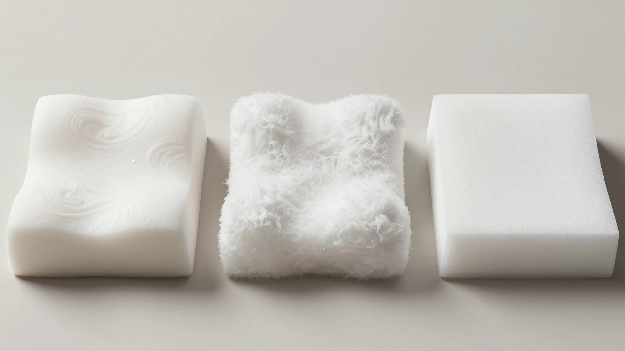 Three sofa cushion types compared: memory foam, polyester fiber, and high-density foam, highlighting durability differences.