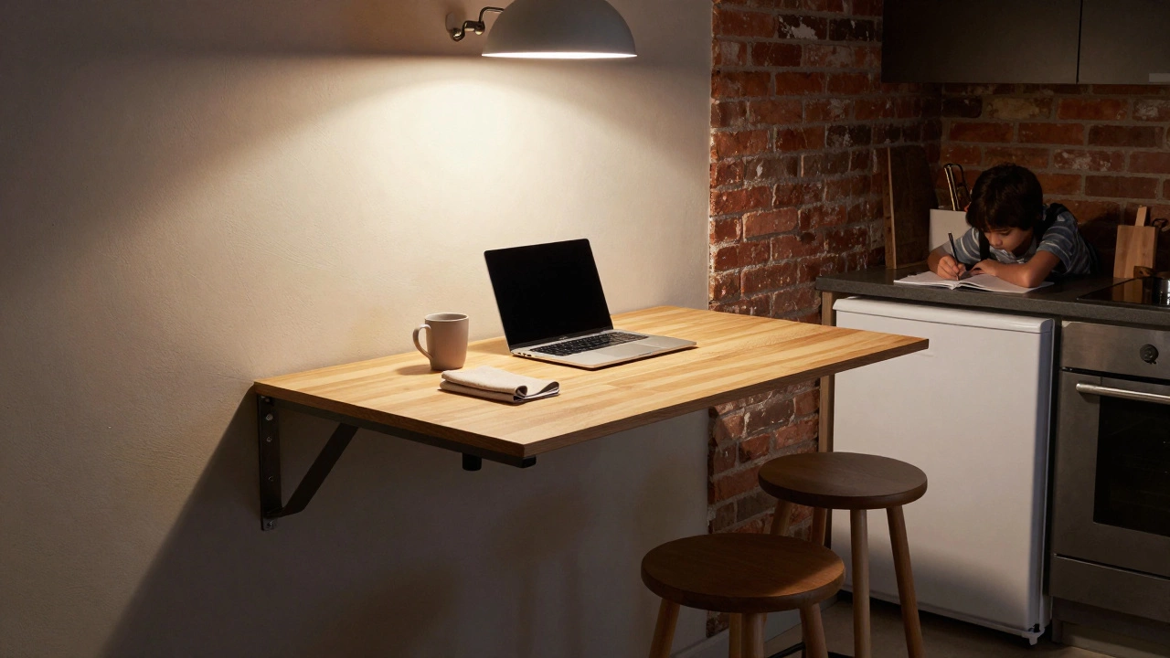 Wall-mounted fold-down dining table extended over kitchen counter with laptop and coffee mug.