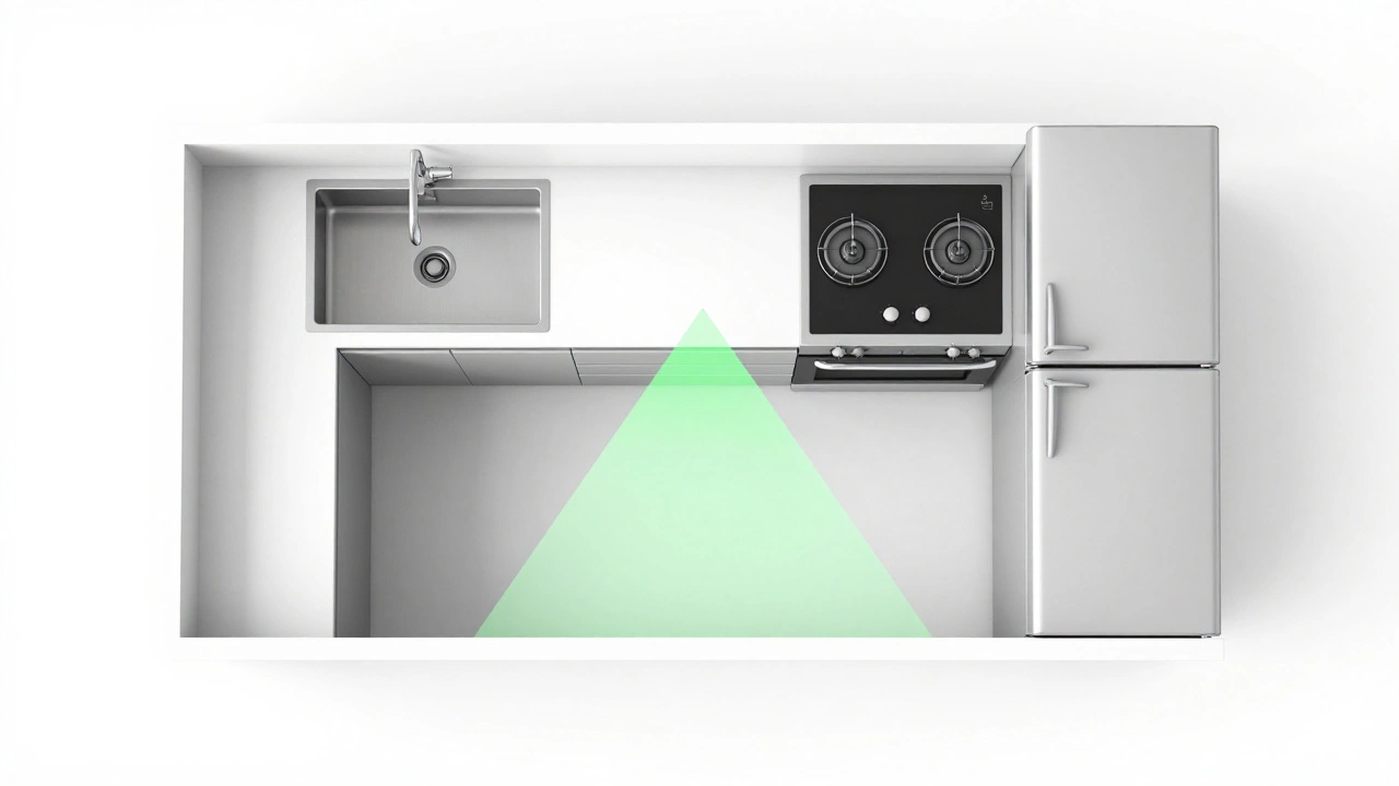 3D architectural render showing a safe 15-inch gap and the kitchen work triangle layout.