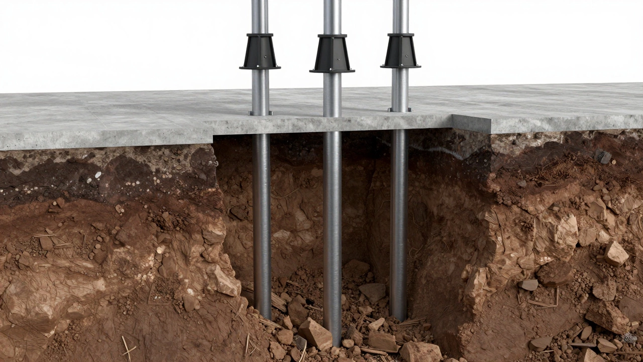 3D cross-section showing steel piers stabilizing a house foundation in clay soil