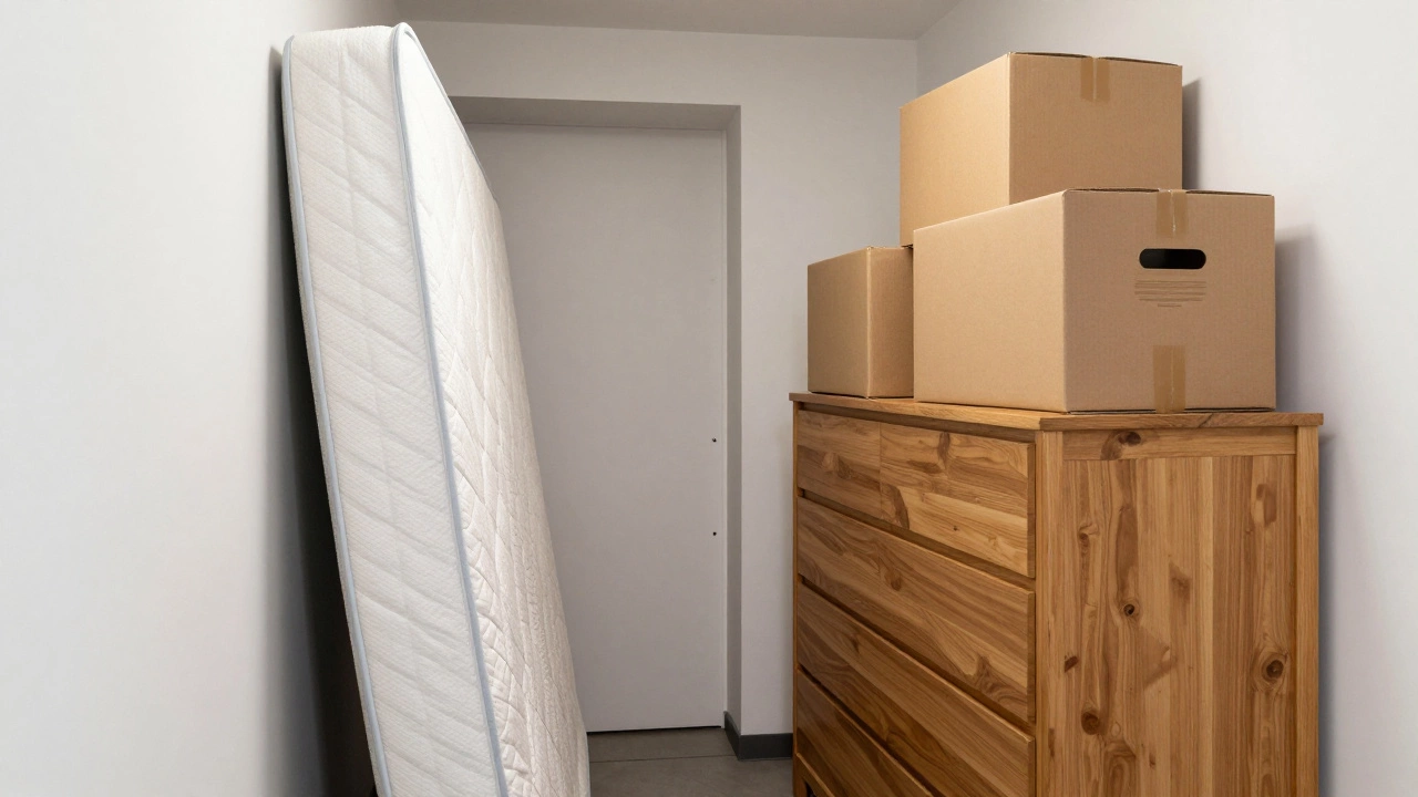 A 10x10 storage unit organized with a vertical mattress and boxes stacked on a dresser.