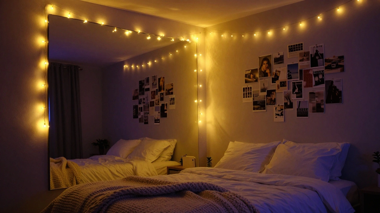 A cozy bedroom at night illuminated by warm string lights and decorated with a mood board