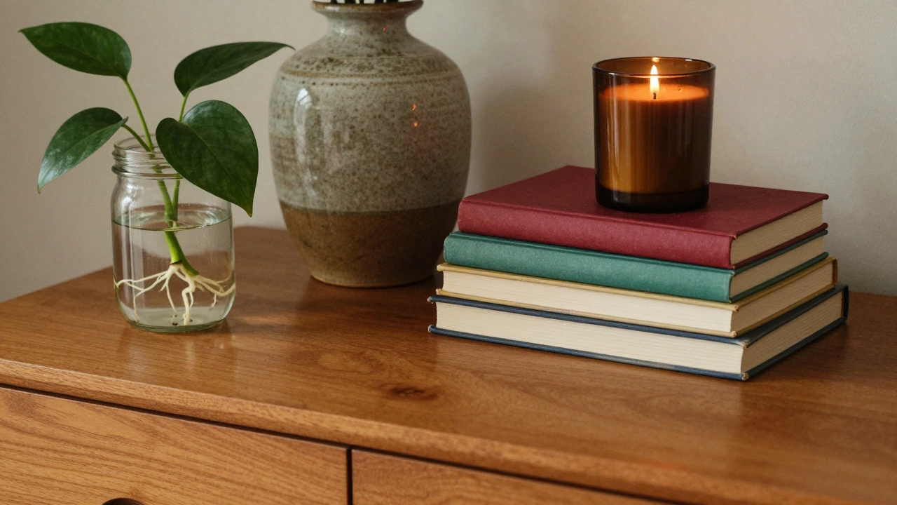 A curated dresser top with a plant cutting in a jar and a stack of colorful books