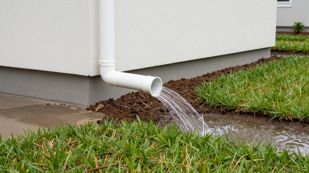 A downspout extension directing rainwater away from a house foundation on a sloped lawn