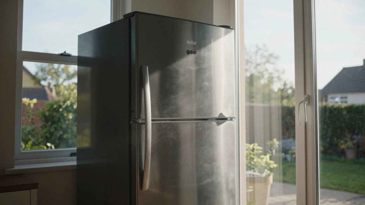 A refrigerator positioned in front of a bright window with direct sunlight hitting its surface.