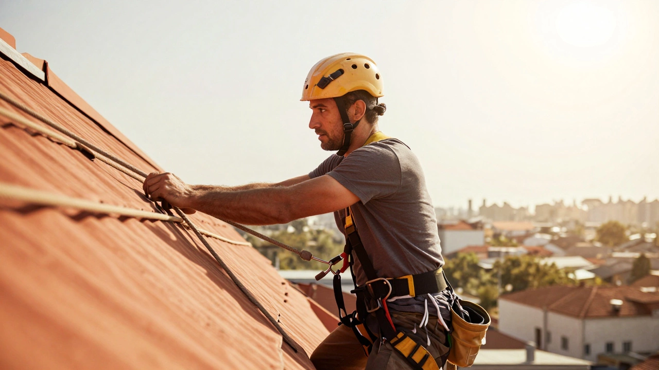 A roofer in safety gear working on a steep roof in intense heat
