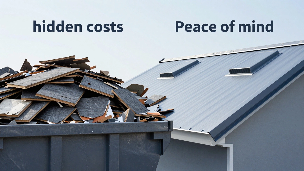A split scene showing a dumpster of old roof debris and a finished new roof