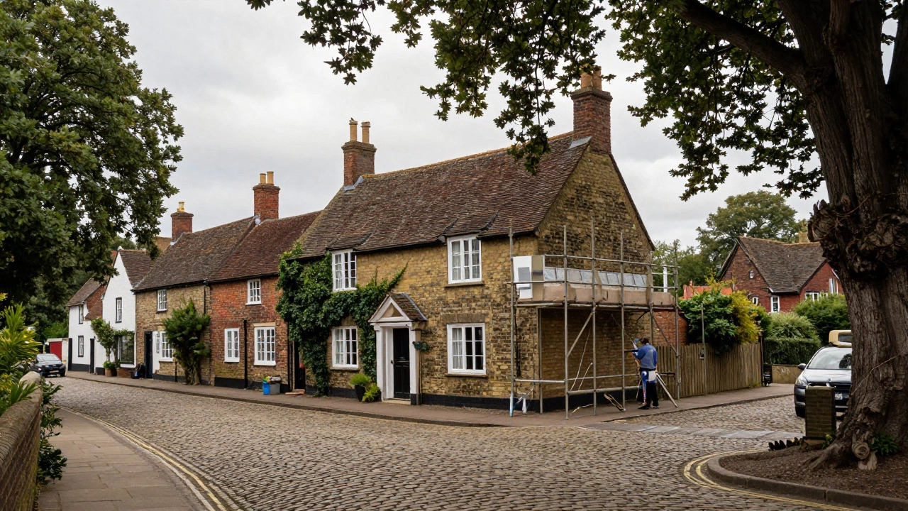 A traditional brick cottage being renovated on a scenic, established English village street.