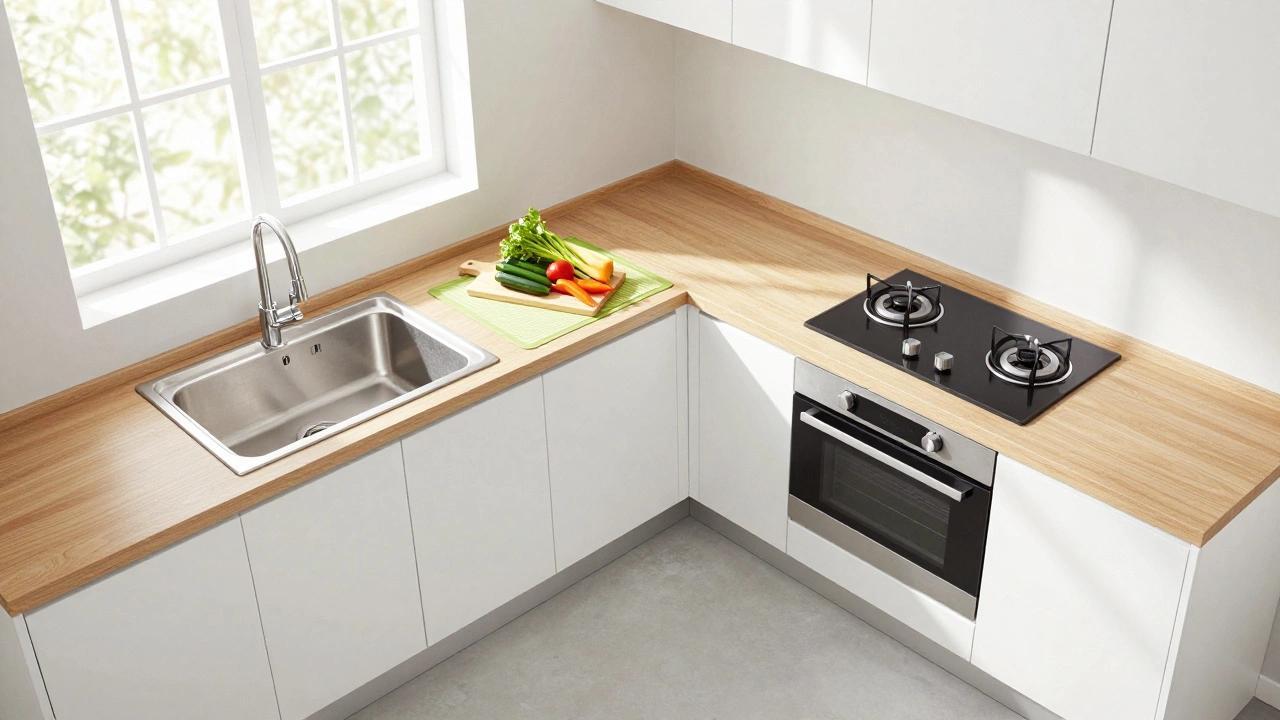 An L-shaped kitchen layout with a safe distance between the sink and the stove.
