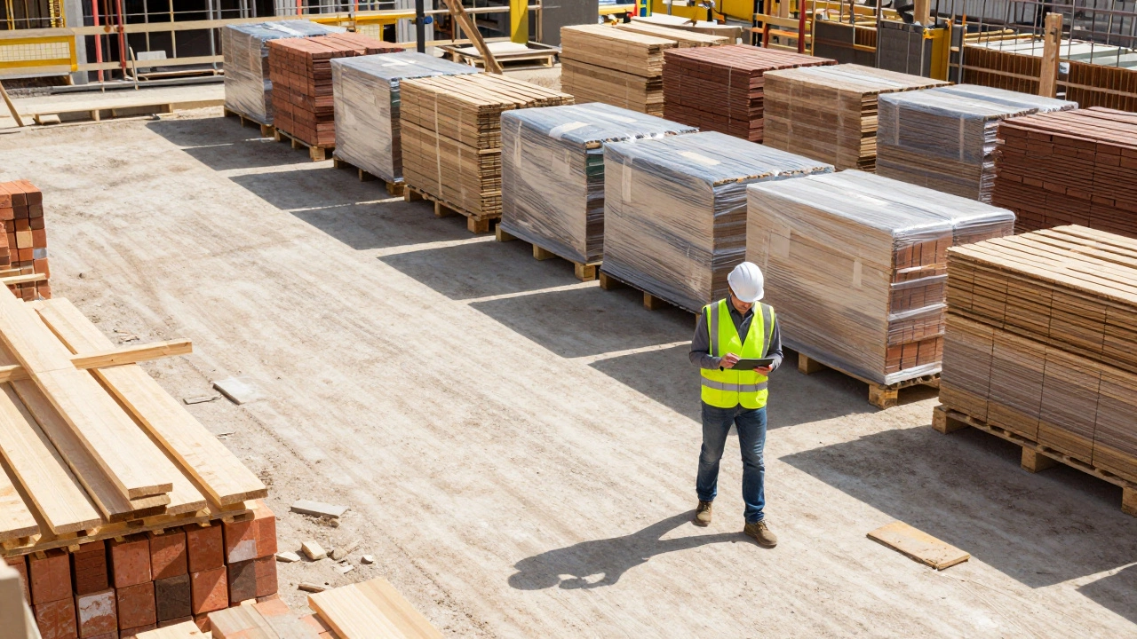 An organized construction site with a manager reviewing plans on a tablet.