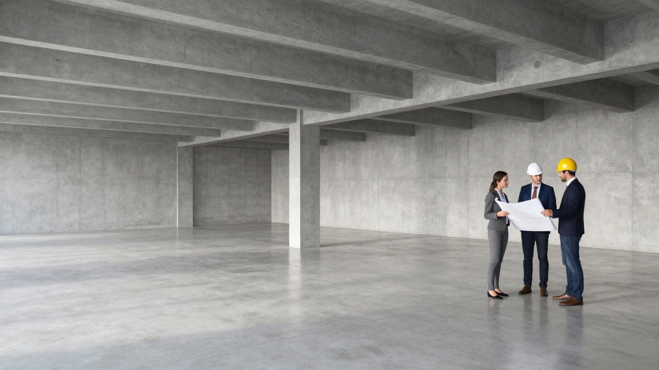 Architects inspecting an empty commercial shell building with polished concrete floors.