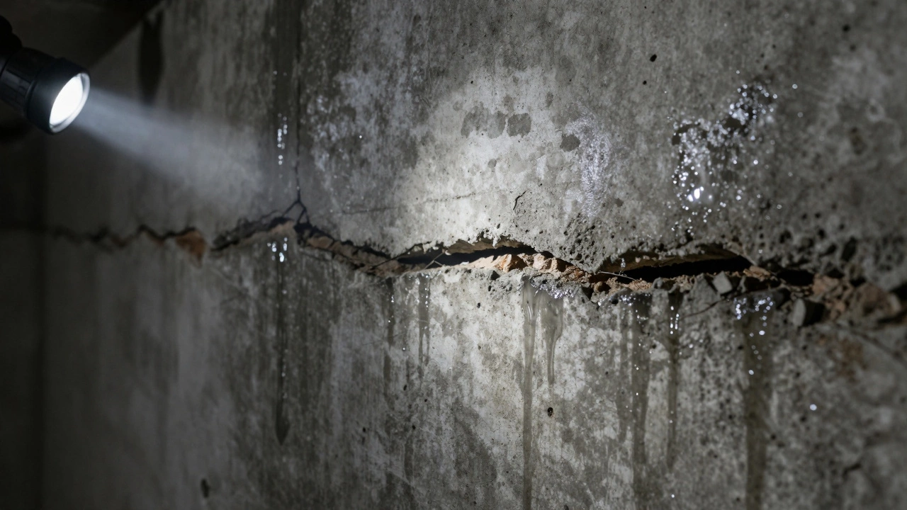 Close-up of a dangerous horizontal crack in a damp concrete basement wall