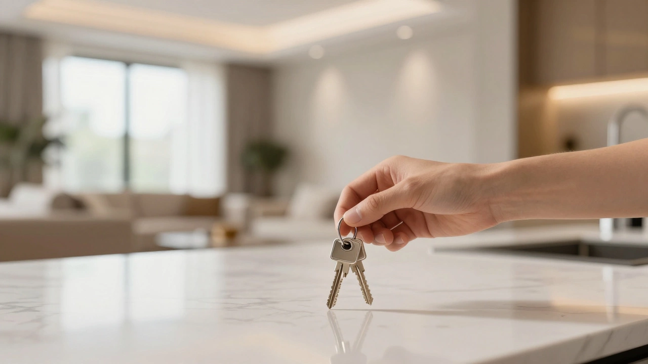 Close-up of keys being handed over at a modern, finished luxury home interior.