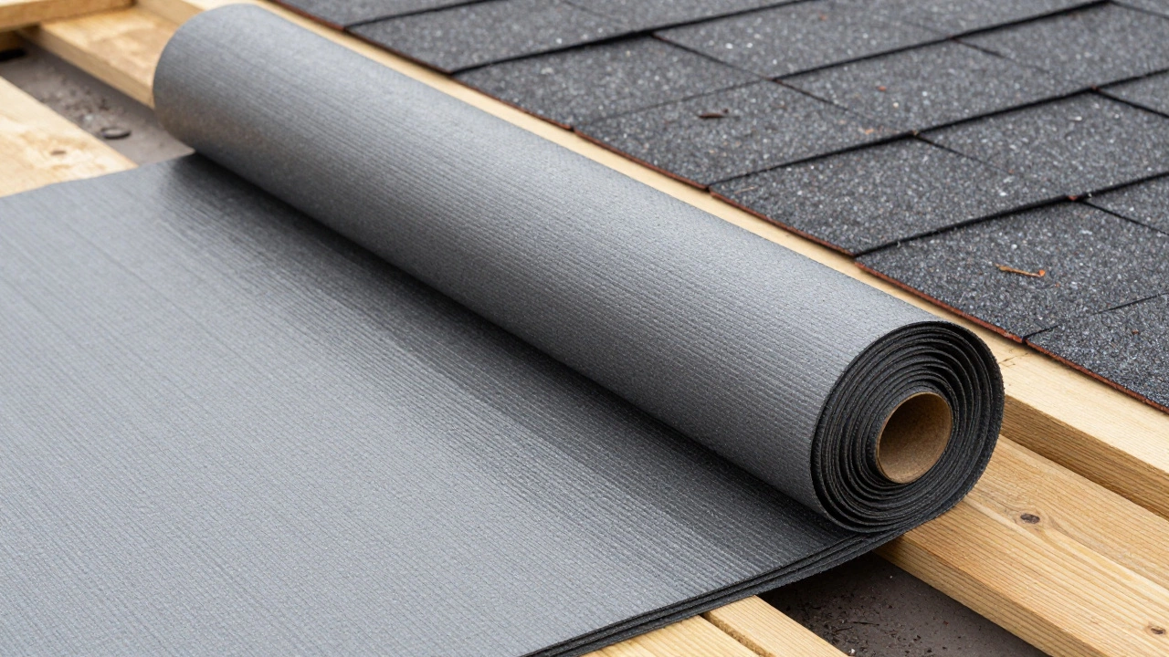 Close-up of waterproof underlayment being installed on a wooden roof deck