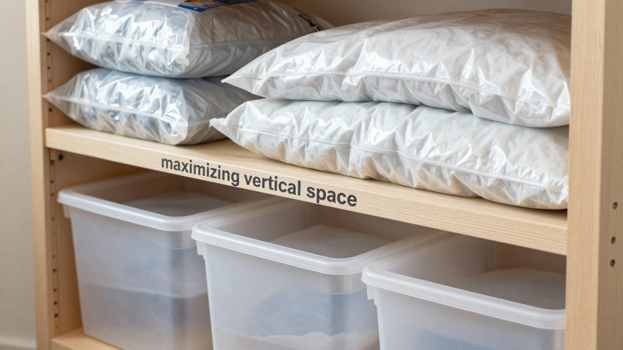 Efficient vertical storage featuring a makeshift shelf between two bookshelves in a storage unit.
