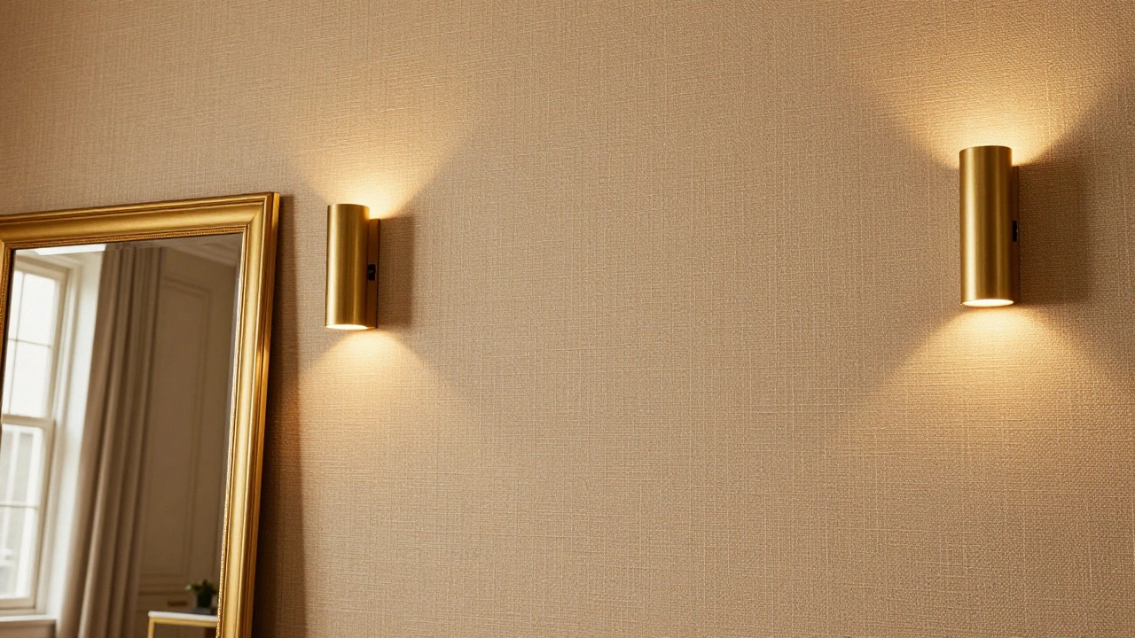 Grasscloth wallpaper wall with a leaning gold mirror and brass sconces